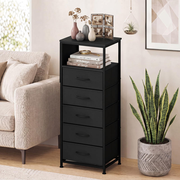 GIANTEX Modern 39" Bedside Table with Integrated Charging Station &amp; 5 Fabric Drawers (1/2)