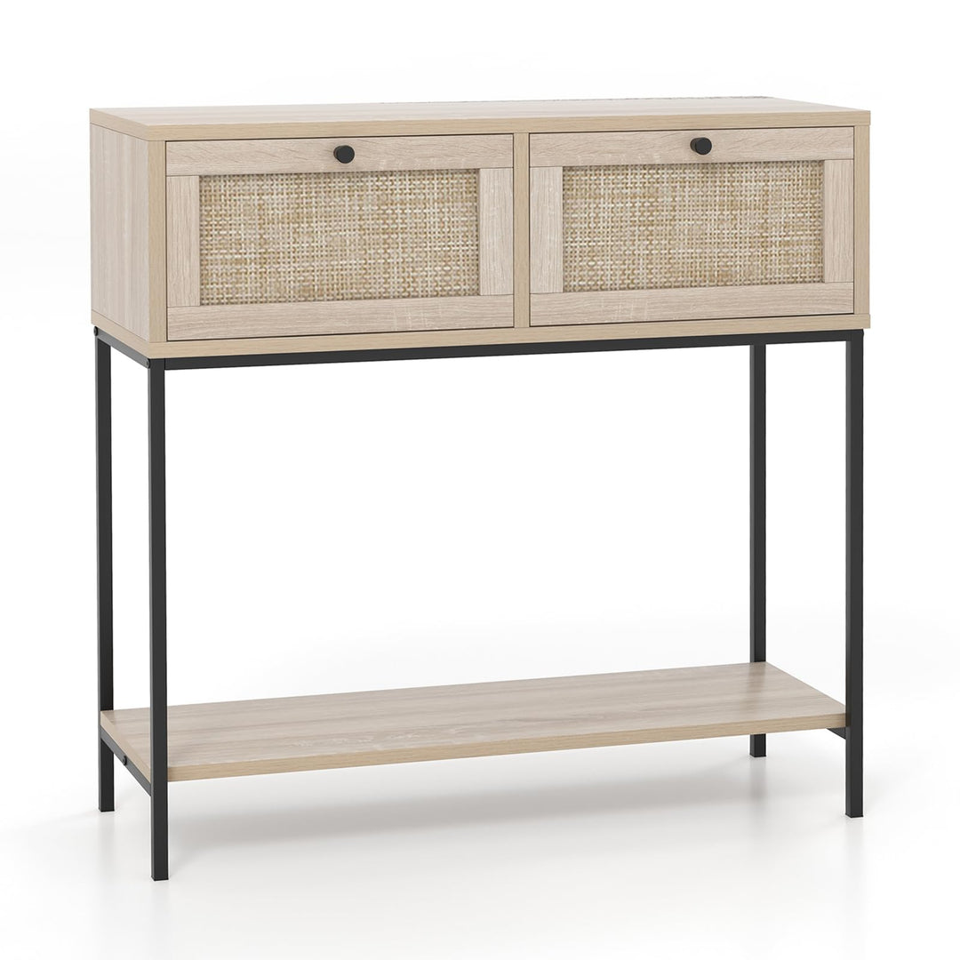 Giantex Console Table with Rattan Drawers - 31.5" Entryway Table w/ 2 Drawers &amp; Open Storage Shelf
