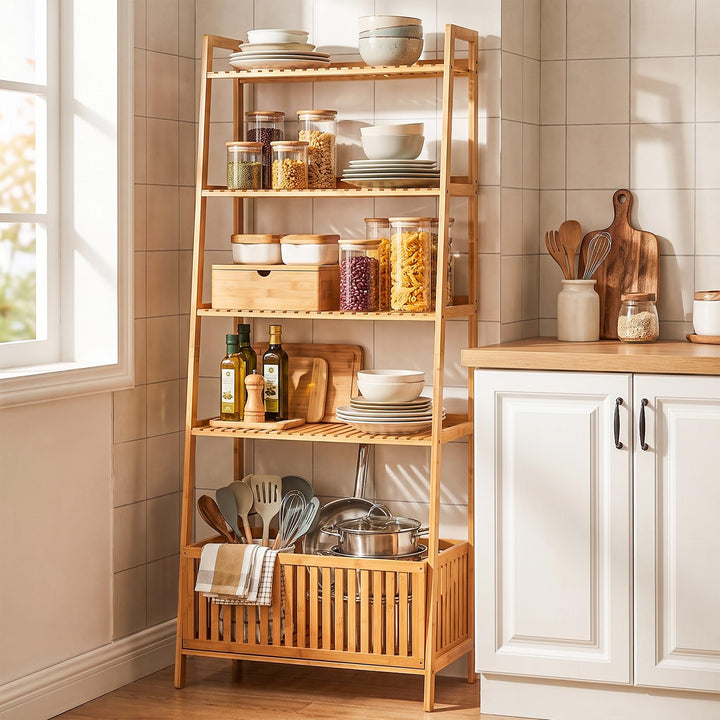 GIANTEX 66" 5-Tier Bamboo Plant Stand Ladder Shelf with Storage Basket