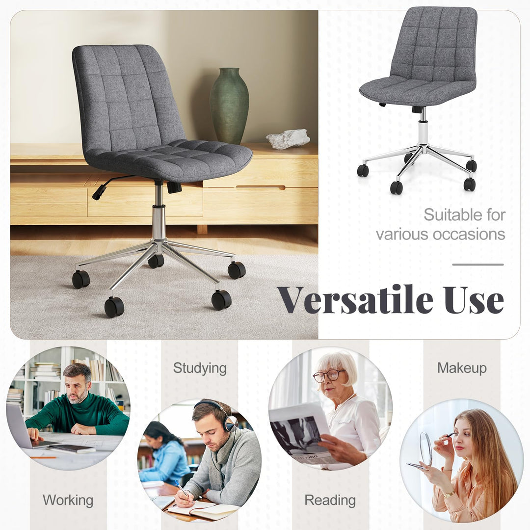 Giantex Armless Office Chair, Linen Fabric Vanity Chair with Wheels &amp; Adjustable Height, 360° Rolling Swivel Task Computer Chair