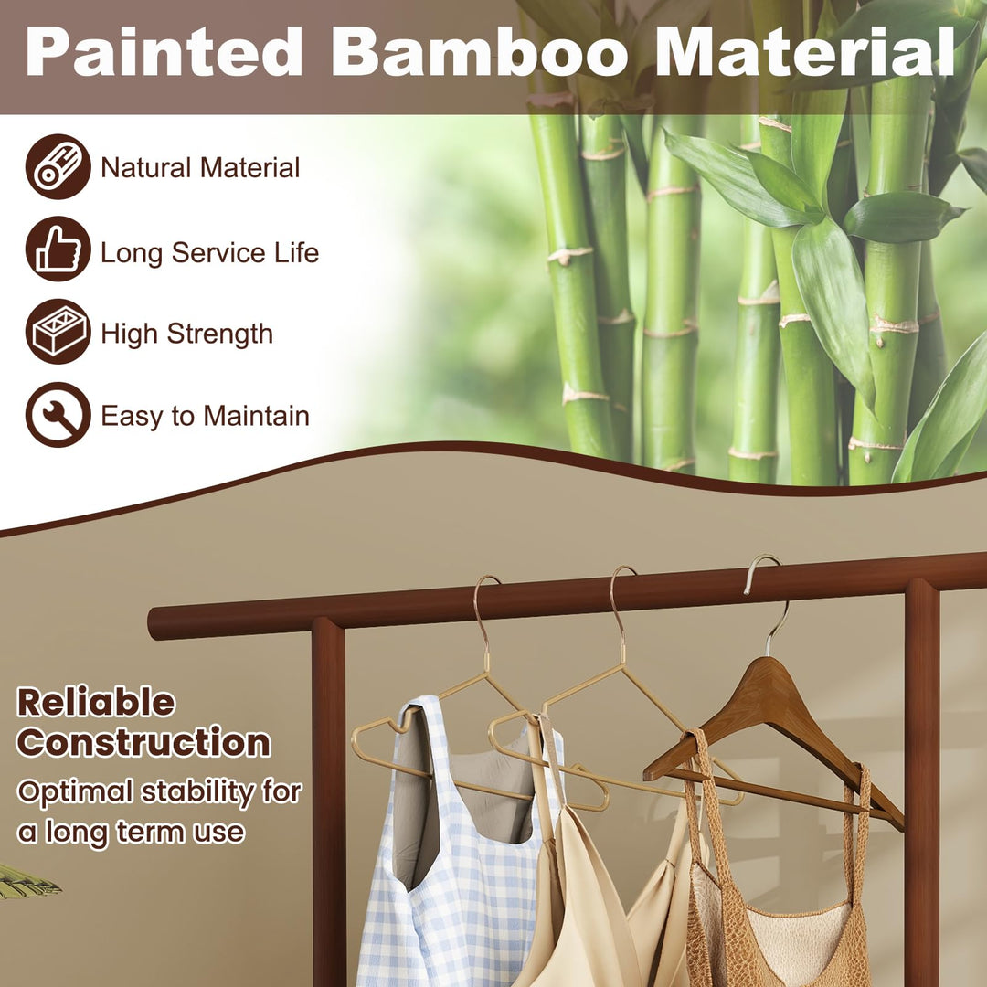 Giantex Bamboo Clothes Rack 2-In-1 Clothing Hanging Rail for Hallway Living Room Bedroom