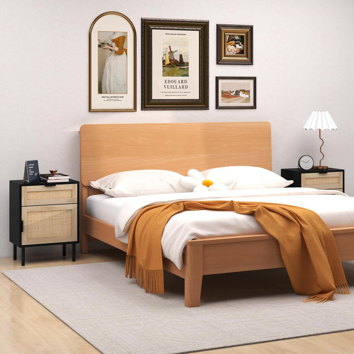 Giantex Rattan Nightstand Set of 2, Mid Century Modern End Table with Drawer &amp; Cabinet, Sofa Side Table with Sturdy Metal Legs