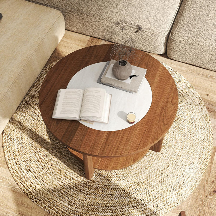 Giantex 2-Tier Round Farmhouse Living Room Coffee Table with 2-Tone Tabletop