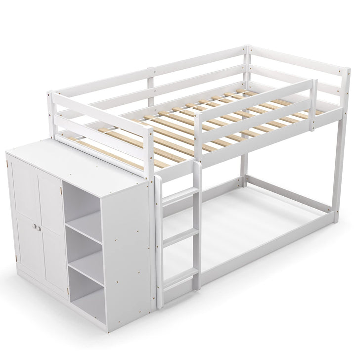 Giantex Twin Over Twin Bunk Bed with Storage Shelves, Solid Wood Bunk Bed Frame with Convertible Bookcase &amp; Ladder, White