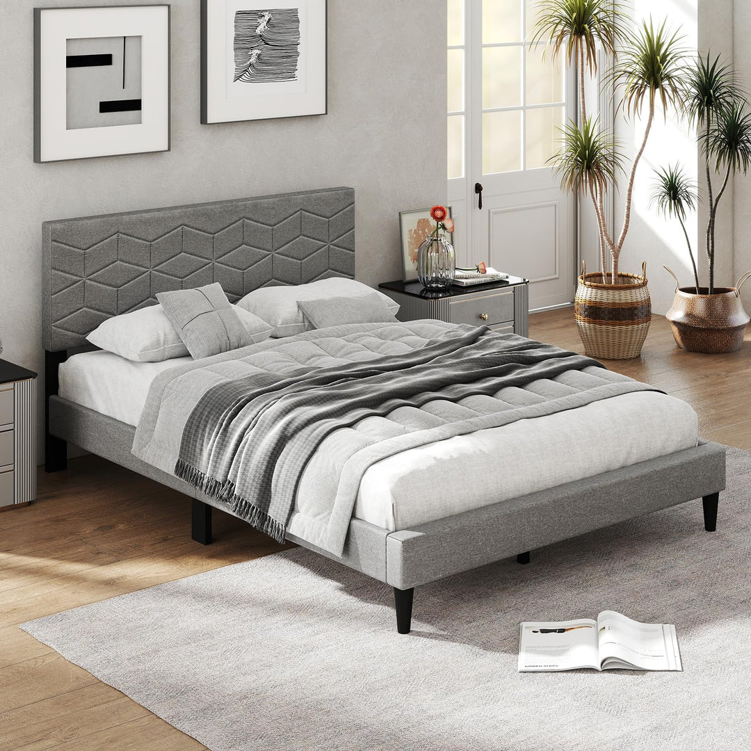 Giantex Queen/Full/Twin Size Upholstered Bed Frame Modern Platform Bed with Linen Fabric Geometric Headboard
