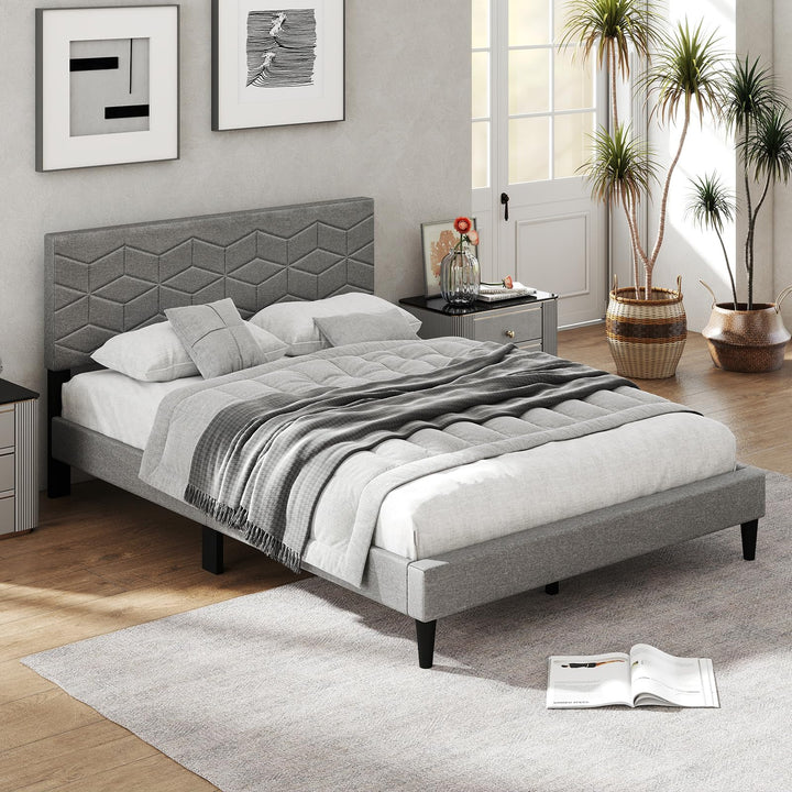 Giantex Queen/Full/Twin Size Upholstered Bed Frame Modern Platform Bed with Linen Fabric Geometric Headboard