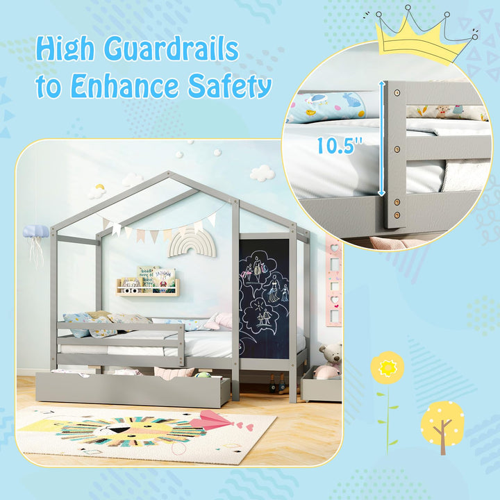 Giantex Twin Bed with 2 Storage Drawers, Solid Wood House Bed with Blackboard &amp; Safety Guardrails