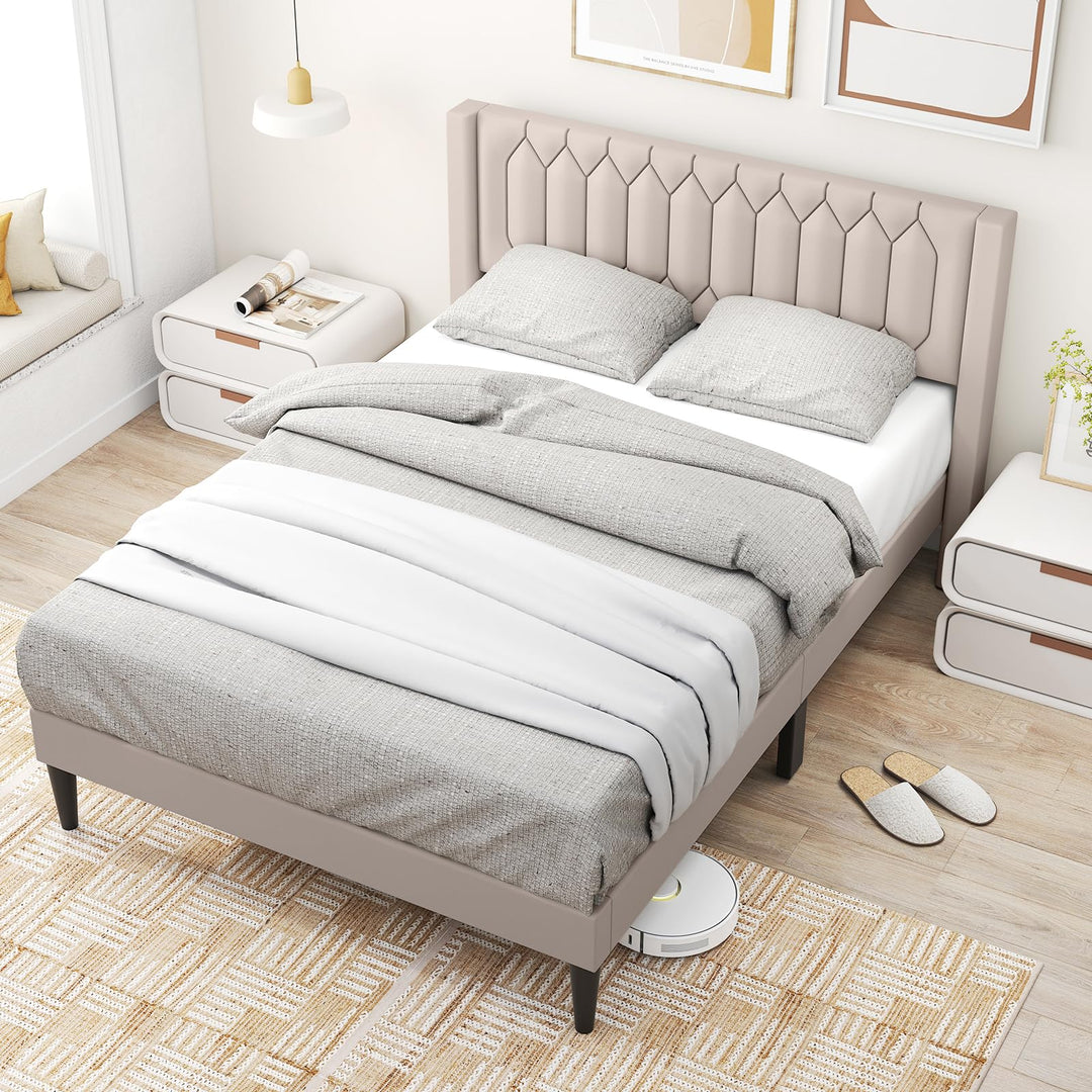 Giantex Queen Size Dutch Velvet/Linen Fabric Upholstered Platform Bed with Wingback Headboard and Wooden Slat Support