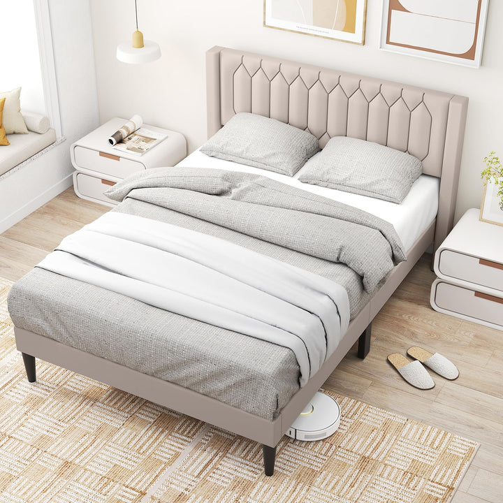 Giantex Queen Size Dutch Velvet/Linen Fabric Upholstered Platform Bed with Wingback Headboard and Wooden Slat Support