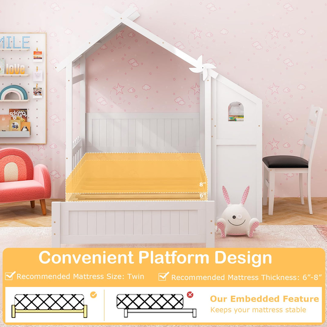 Giantex Twin House Bed with Desk &amp; Chair, Wood Kids Playhouse Bed with 2 Drawers
