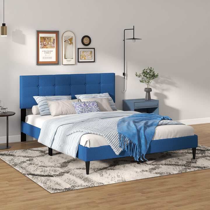 Giantex Queen/Twin Size Platform Bed Frame with Button Tufted Headboard and Wooden Slats
