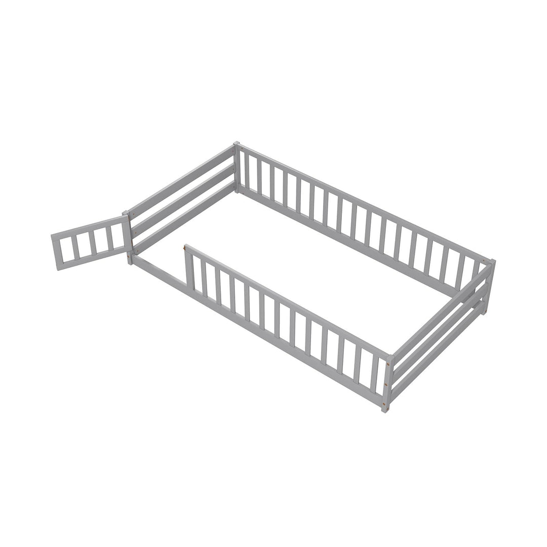 Giantex Twin Floor Bed with Door &amp; Fence, Kids Wood Montessori Bed with Safety Guardrails