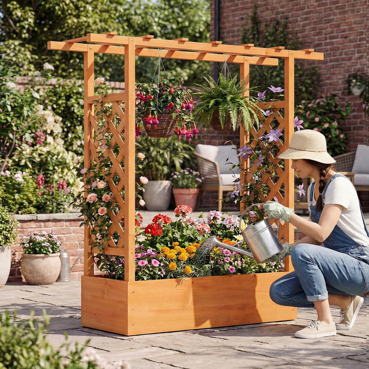 Giantex Wooden Raised Garden Bed with Trellis &amp; Hanging Roof