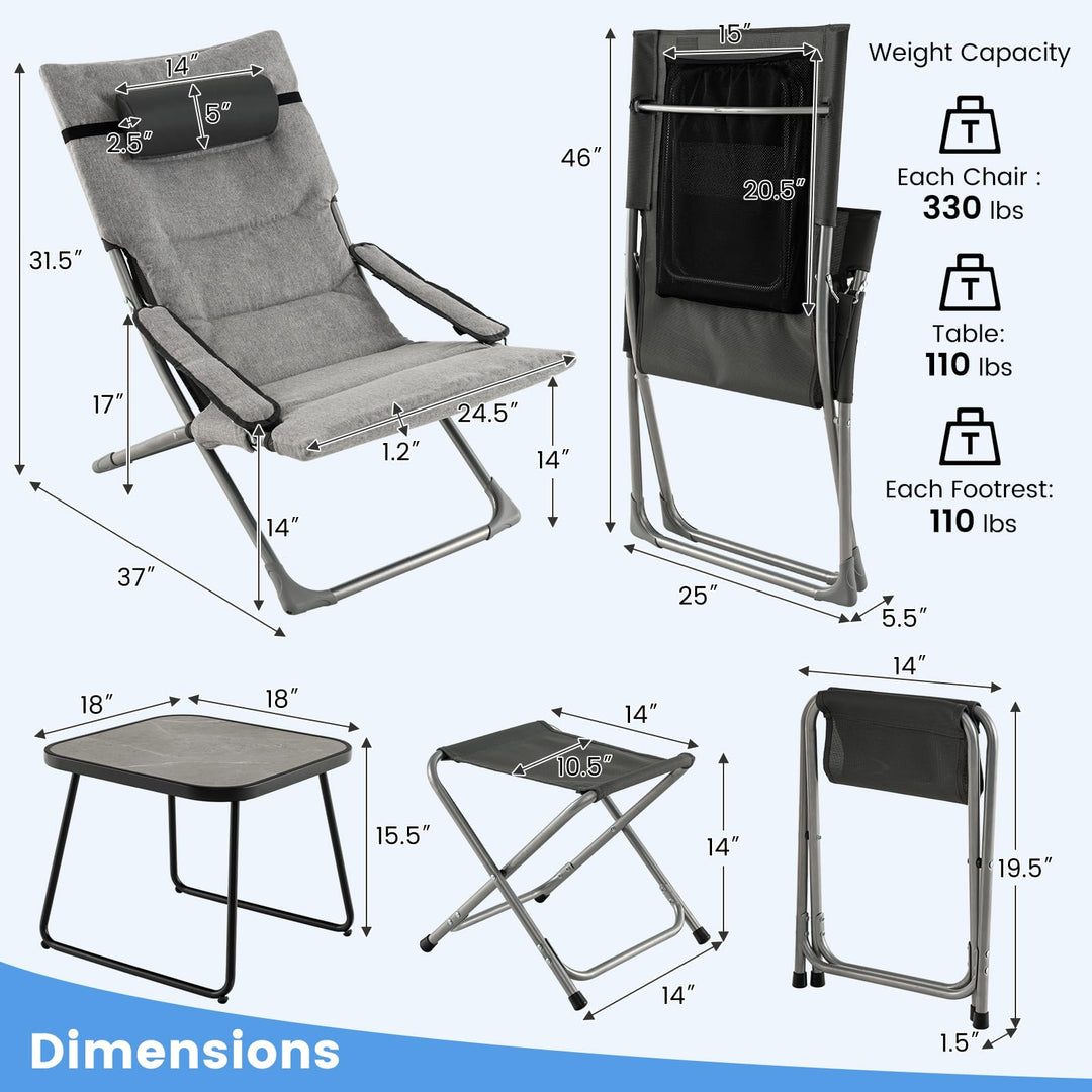 Giantex 5-Piece Patio Bistro Set, Folding Lounge Chairs with Footrest Stool &amp; Side Table, Removable Cushion
