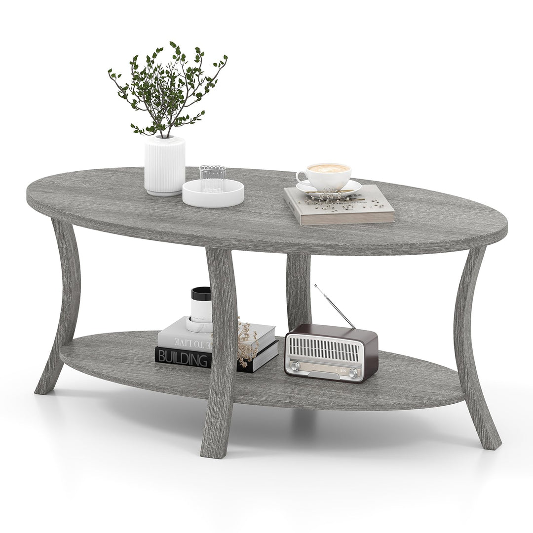 Giantex 44 Inch Oval Coffee Table 2-Tier Center Table with Storage Shelf &amp; Rubber Wood Frame