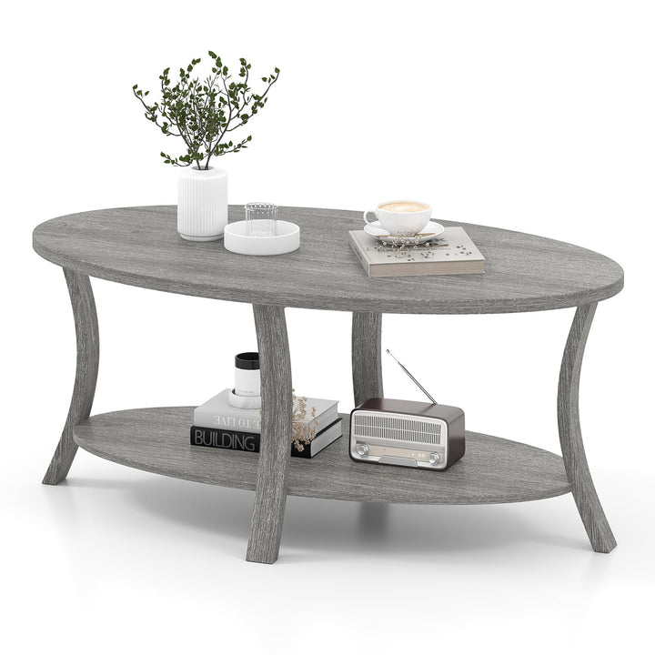 Giantex 44 Inch Oval Coffee Table 2-Tier Center Table with Storage Shelf &amp; Rubber Wood Frame