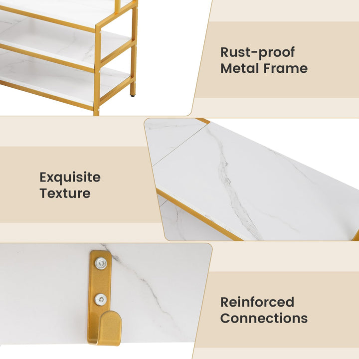 Giantex Corner Coat Rack with Shoe Bench, L-shaped Garment Rack with 5 Shelves &amp; 7 Hooks