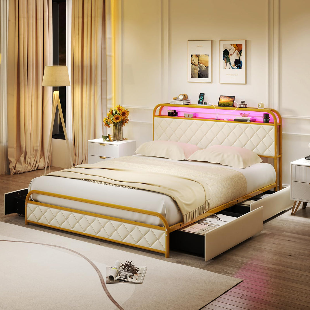 Giantex Queen/Full/Twin Size Bed Frame with 4 Storage Drawers and Charging Station