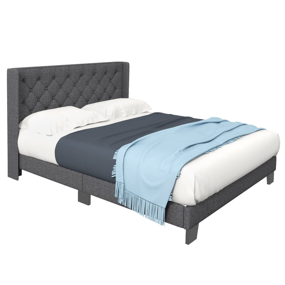 Giantex Queen/Full/Twin Size Bed Frame with Button Tufted Headboard, Modern Fabric Upholstered Platform Bed with Wingback Design, Grey