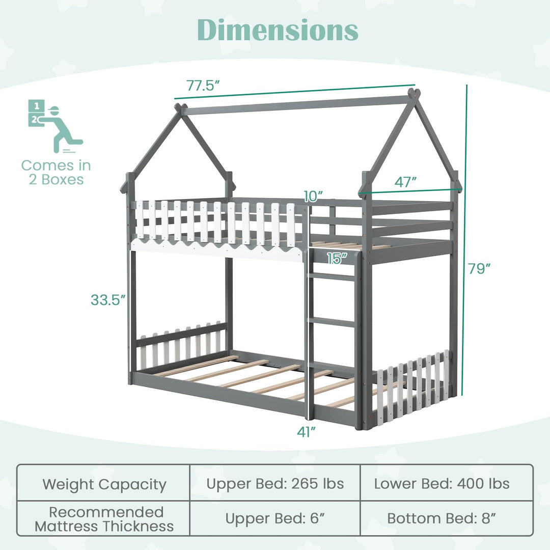 Giantex Bunk Bed Twin Over Twin, Wood House Low Bunk Bed with Ladder &amp; Fence Safety Guardrail