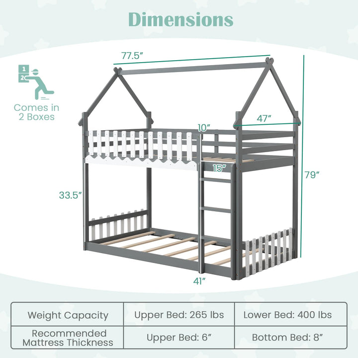 Giantex Bunk Bed Twin Over Twin, Wood House Low Bunk Bed with Ladder &amp; Fence Safety Guardrail