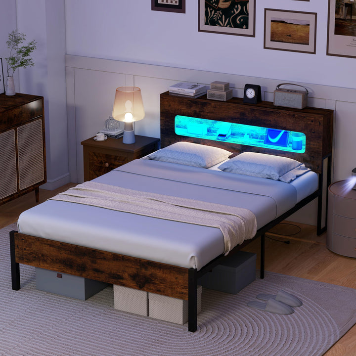 Giantex Full Size Bed Frame with LED Lights &amp; Charging Station