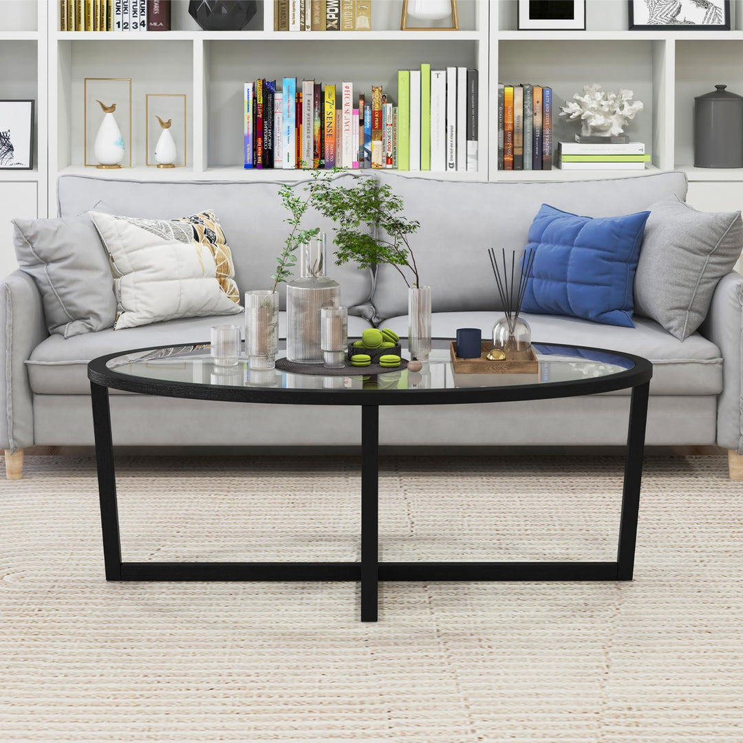Giantex Glass Coffee Table, 46.5" Oval Accent Sofa Tea Table with Tempered Glass Top, Cross Base &amp; Acacia Wood Legs