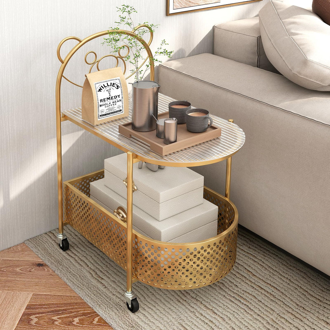 Giantex Mobile Glass Coffee Table, 2-Tier Modern Cocktail Table with Bear Pattern, Storage Basket &amp; Metal Frame
