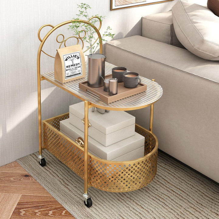 Giantex Mobile Glass Coffee Table, 2-Tier Modern Cocktail Table with Bear Pattern, Storage Basket &amp; Metal Frame