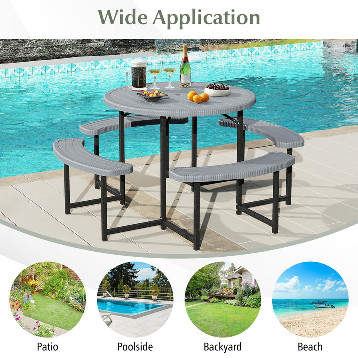 Giantex Round Picnic Table Bench Set with 4 Benches and Umbrella Hole for Patio Lawn