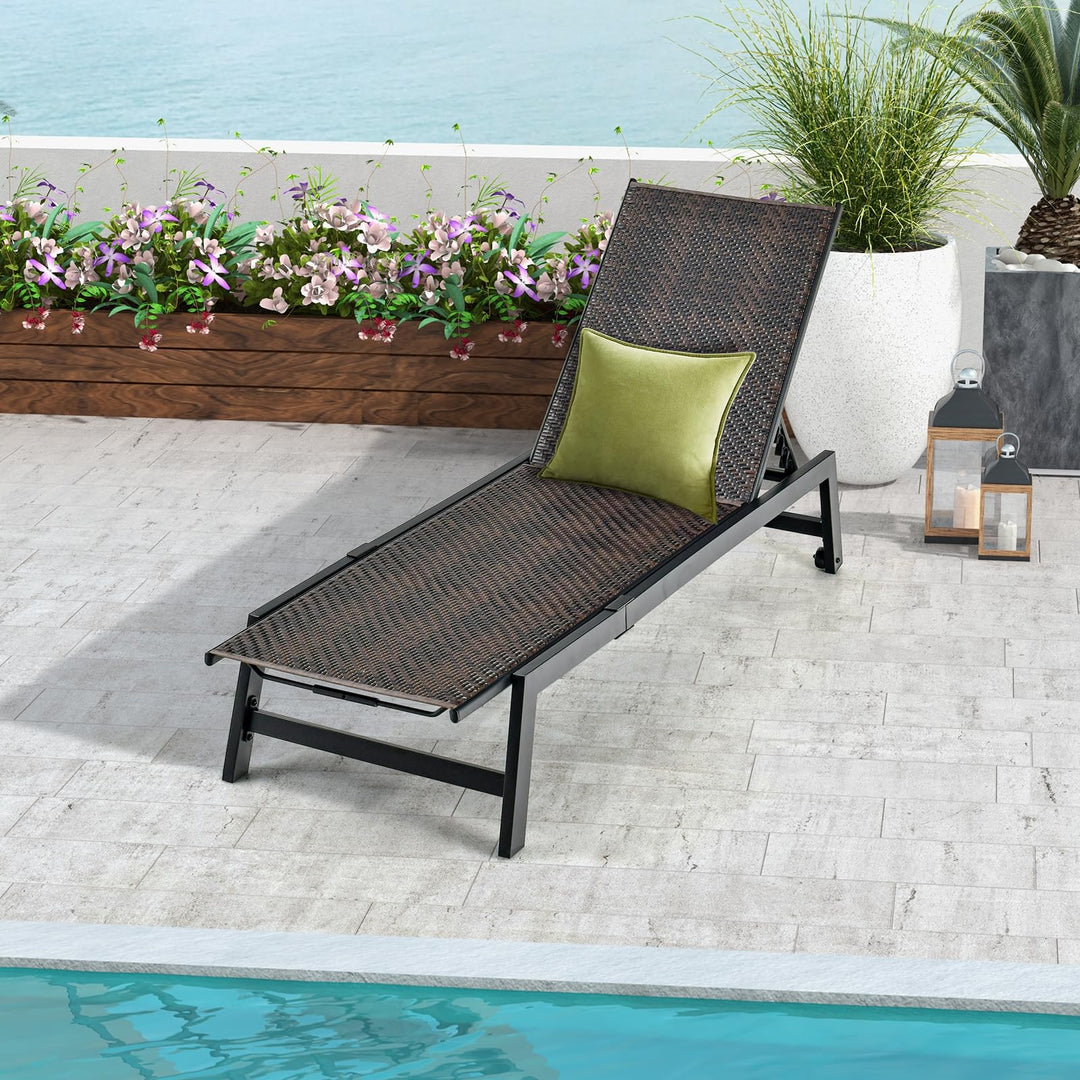 Giantex Patio Chaise Lounge Chair - Outdoor PE Rattan Recliner Chair with Wheels, 5-Position Adjustable Backrest
