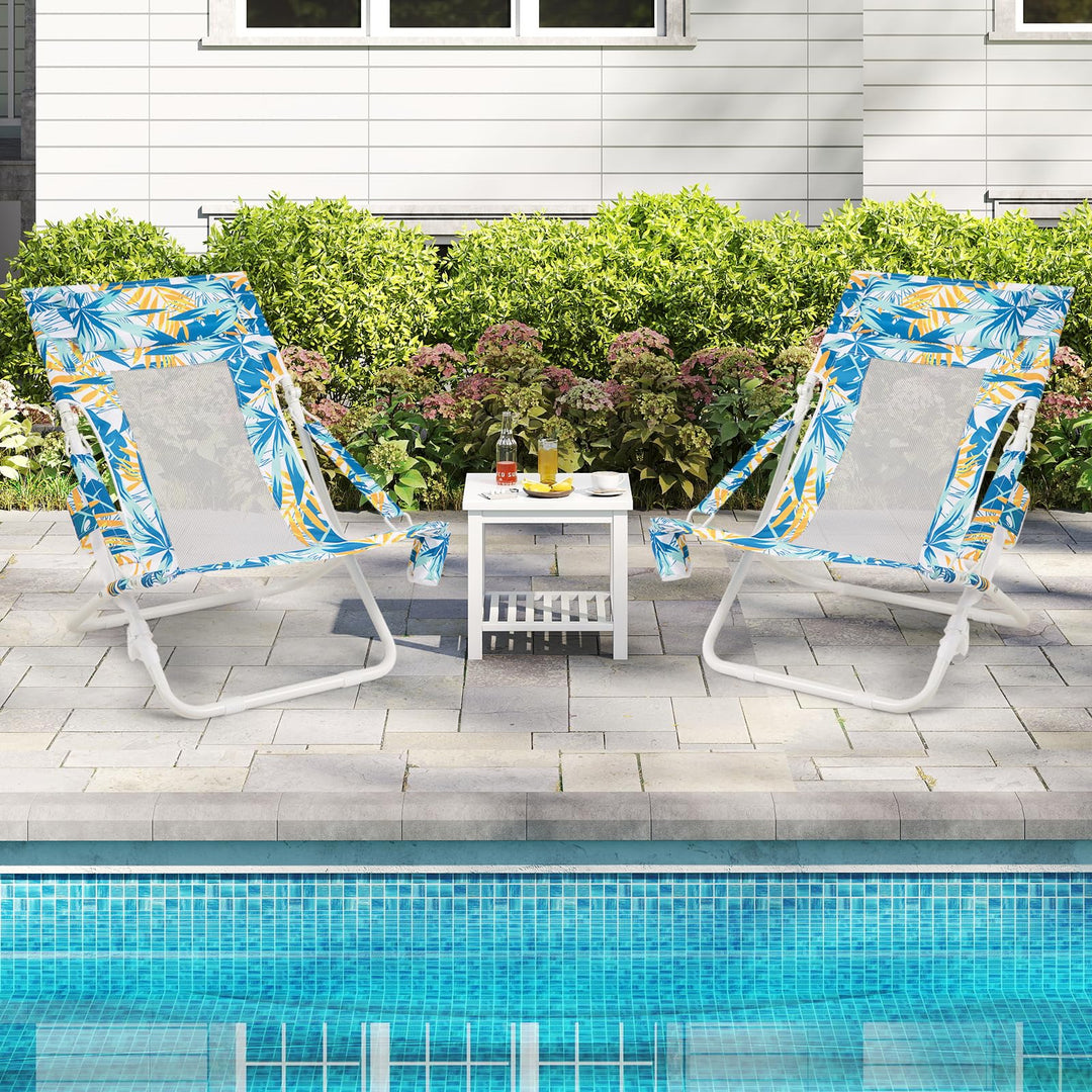 Giantex 2-Pack Low Lawn Chairs with Padded Head Pillow Mesh Back Cup Holder