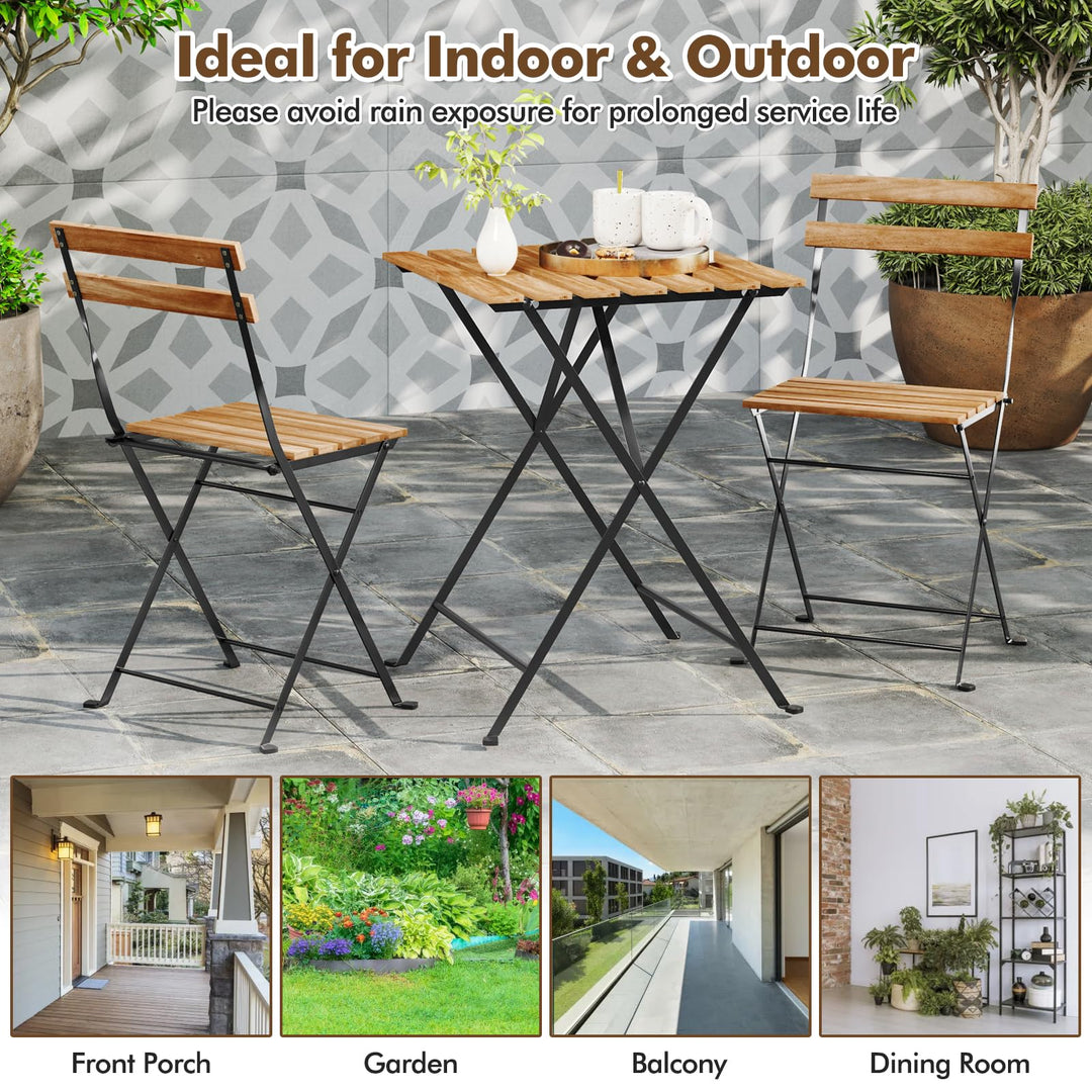 Giantex 3-Piece Acacia Wood Bistro Set with 2 Folding Chairs, Slatted Seat &amp; Tabletop