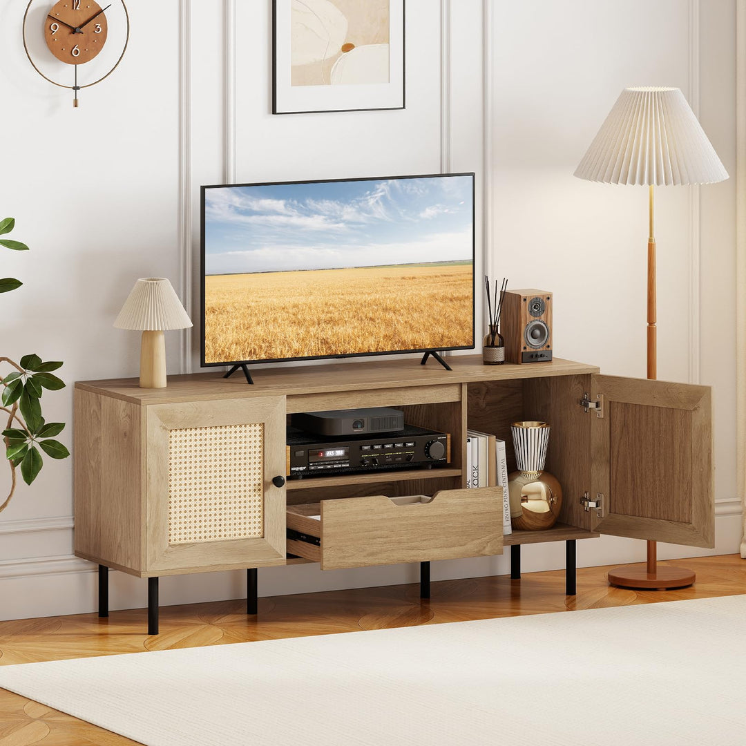 Giantex Boho TV Stand for 50-60 Inch TV with Storage Cabinets Drawer &amp; PE Rattan Doors