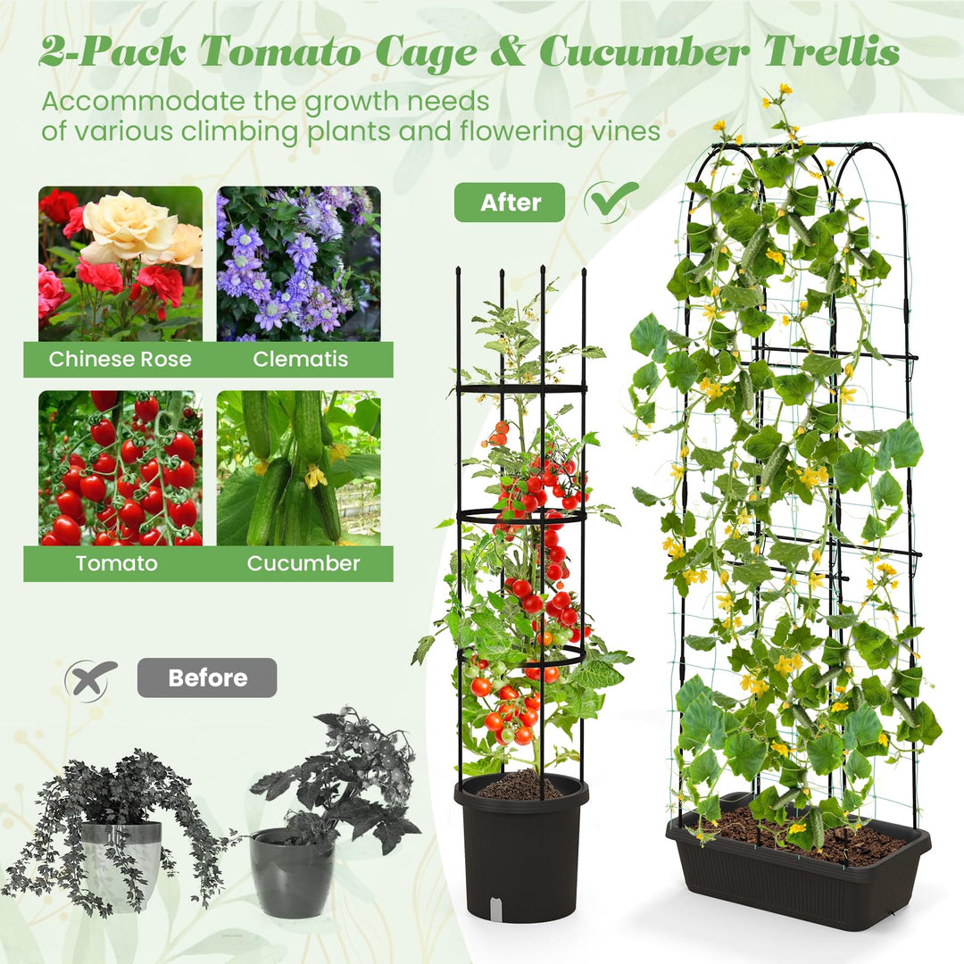 Giantex Set of 2 Raised Garden Bed w/Trellis &amp; Plant Cage, Planter Box w/ 71” Cucumber Trellis