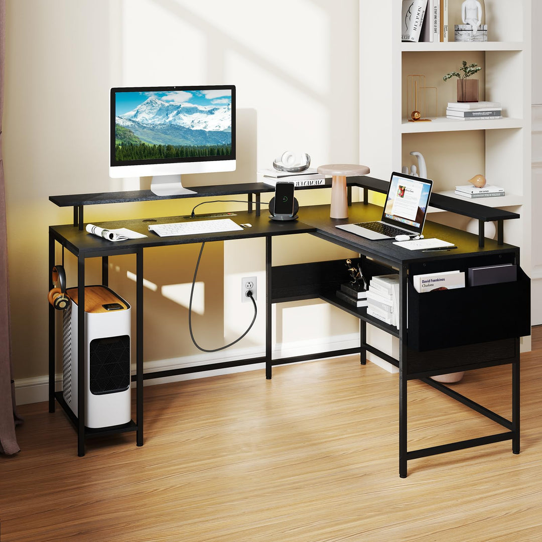 Giantex L Shaped Desk with LED Light &amp; Power Outlets Ergonomic Home Office Desk