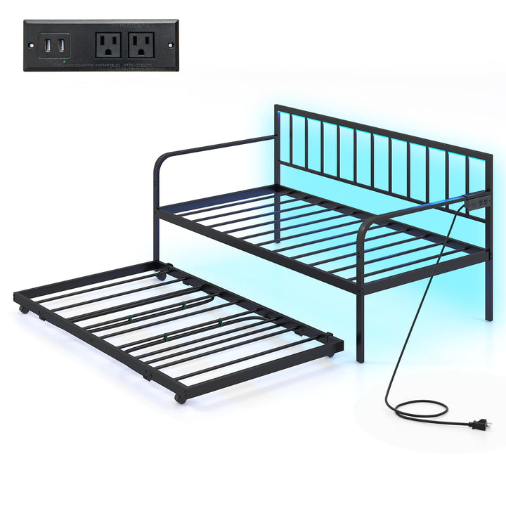 Giantex Twin Daybed with Trundle, Metal Day Bed with Charging Station &amp; LED Lights