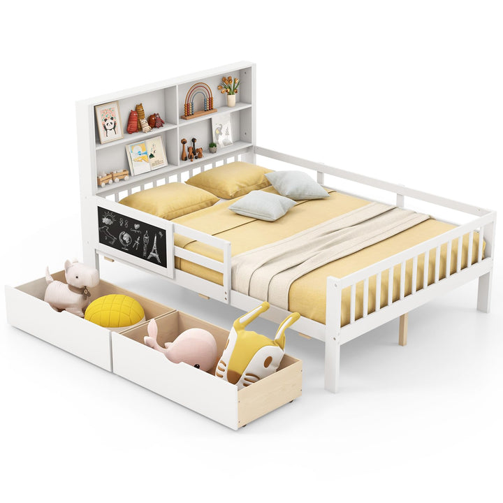 Giantex Full/Twin Size 2 Storage Drawers, Solid Wood Kids Bed Frame w/Bookcase Headboard &amp; Blackboard