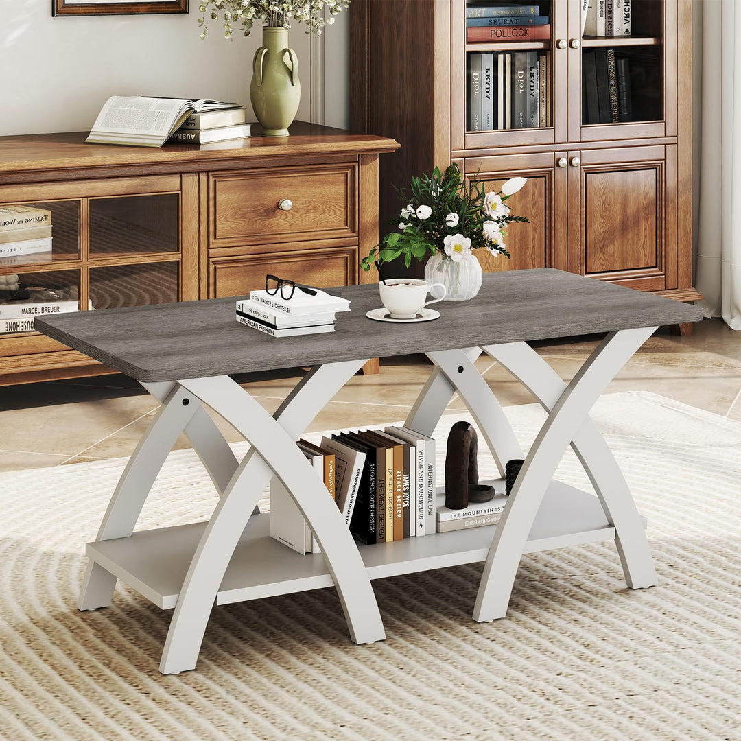 Giantex Farmhouse Coffee Table 2-Tier Wood Center Table with Storage Shelf &amp; X-Shaped Support Legs