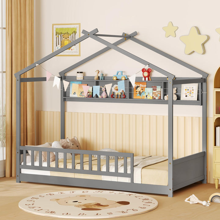 Giantex Twin Floor House Bed with Storage Shelf, Wood Twin Bed Frames with Headboard &amp; Guardrail