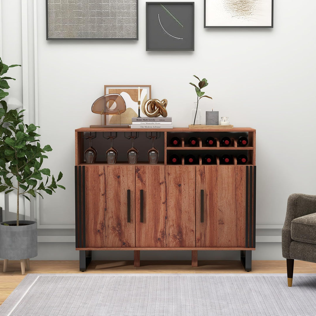Giantex Wine Bar Cabinet, Buffet Sideboard with 3 Doors &amp; Adjustable Shelves, Liquor Cabinet