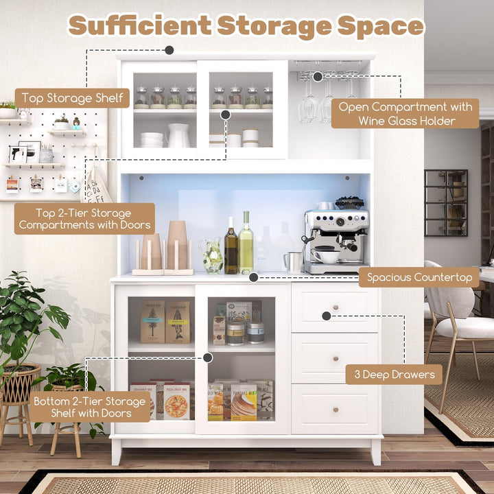 Giantex 73" Kitchen Pantry Storage Cabinet, Hutch Cabinet with LED Lights &amp; Power Outlet, Kitchen Buffet Cabinet w/Wine Glass Racks