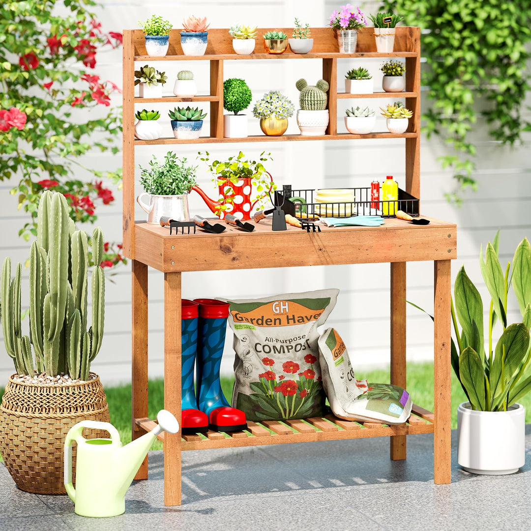 Giantex Outside Solid Wood Potting Table with Flip-up Tabletop