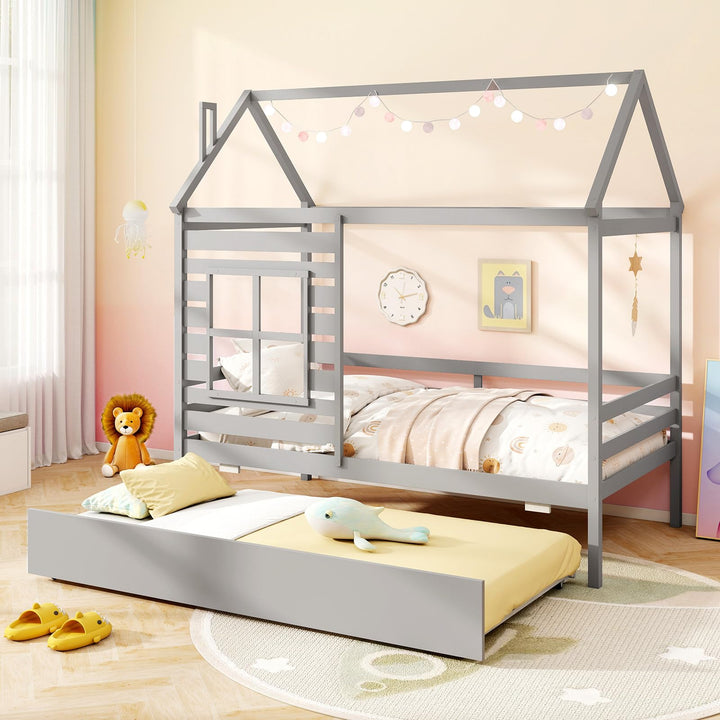 Giantex Twin House Bed with Trundle Bed Twin, Wooden Twin Bed Frames with Roof, Chimney &amp; Window