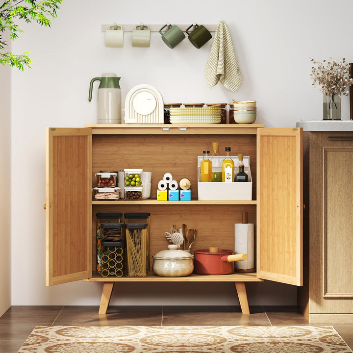 Giantex 2 Tier Bamboo Sideboard with PE Rattan Decorated Doors