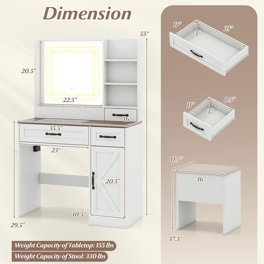 CHARMAID Glass Top Vanity Desk with Lighted Mirror Storage Stool &amp; Drawers