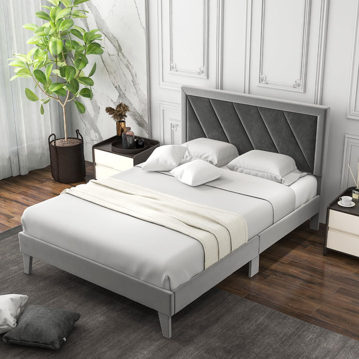 Giantex Full Size Velvet Bed Frame with Headboard, Modern Upholstered Platform Bed, No Box Spring Needed, Black &amp; Gray