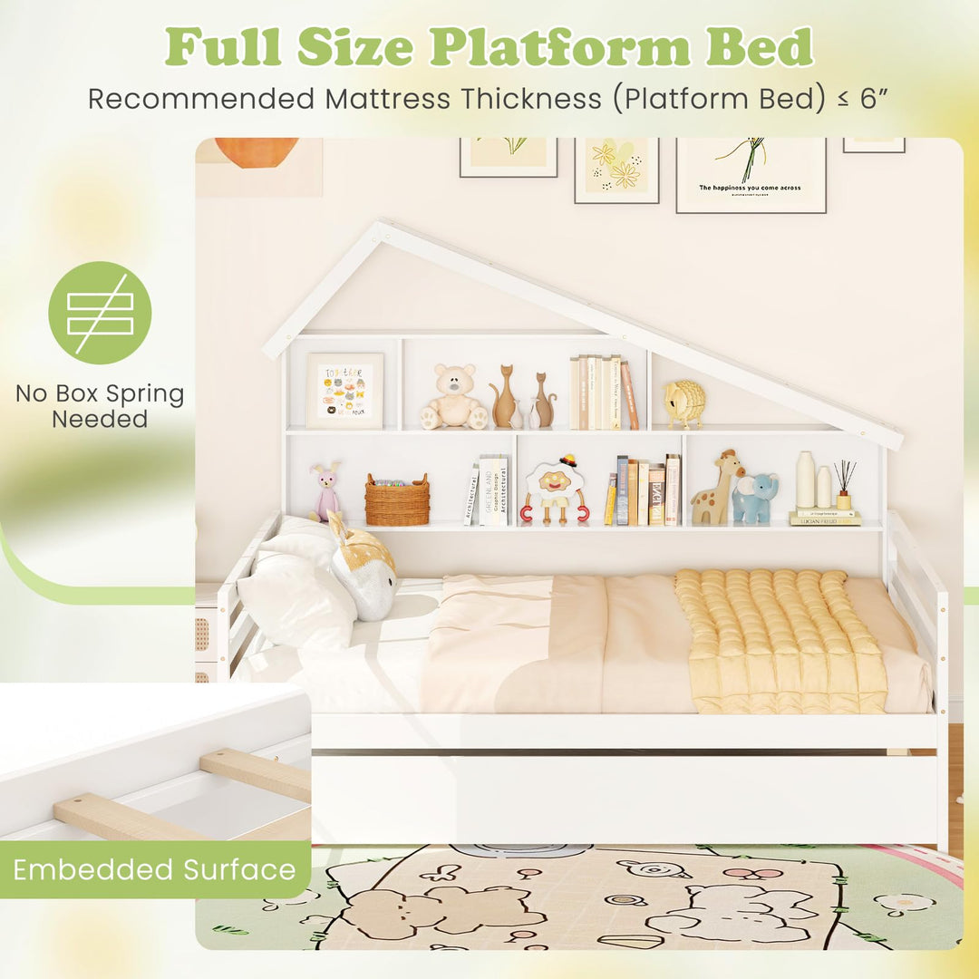 Giantex Full House Bed with Twin Trundle, Wood Daybed with 5 Cube Storage Bookcase &amp; Headboard