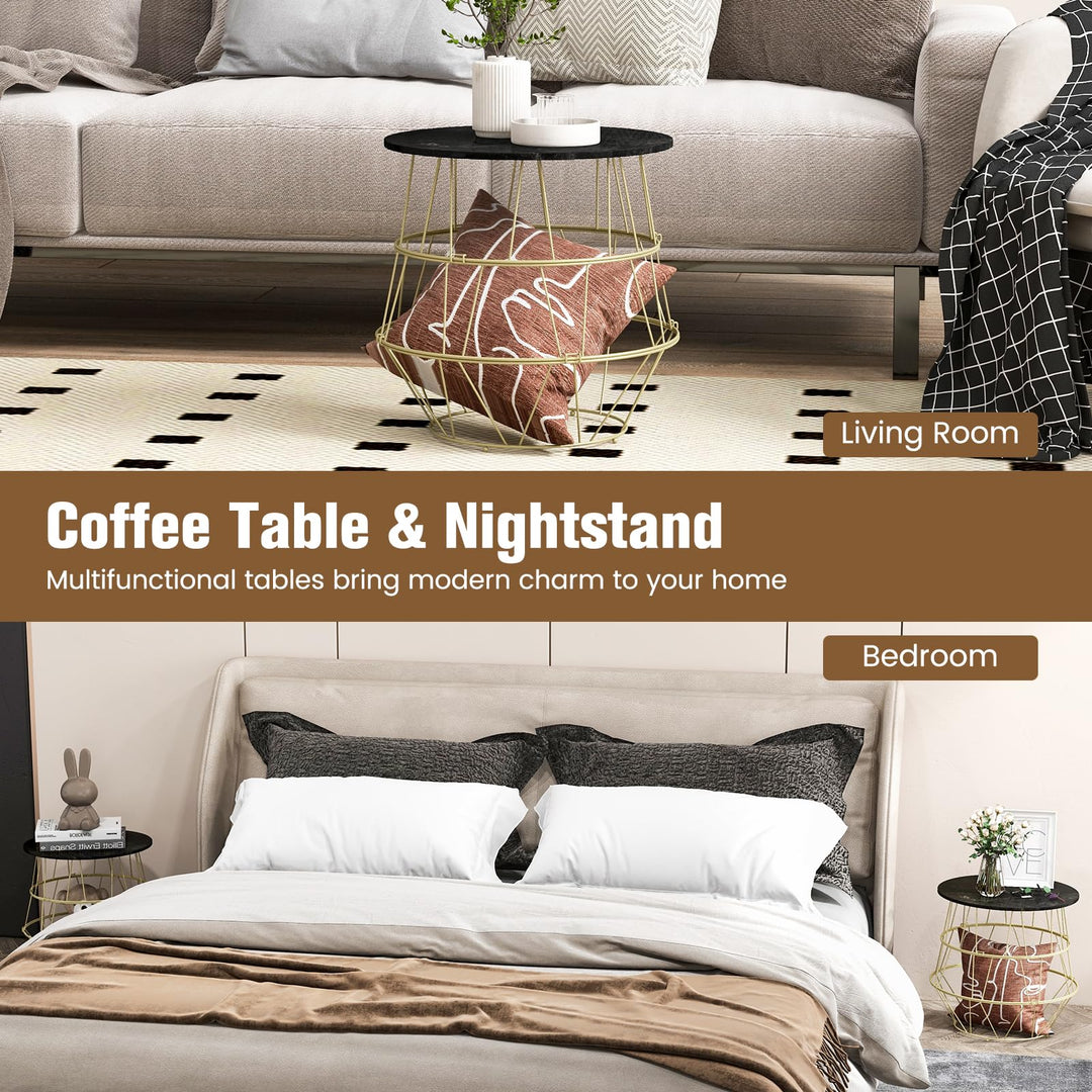 Giantex Round Coffee Table, Faux Marble Side End Table with Gold Metal Frame &amp; Removeable Top