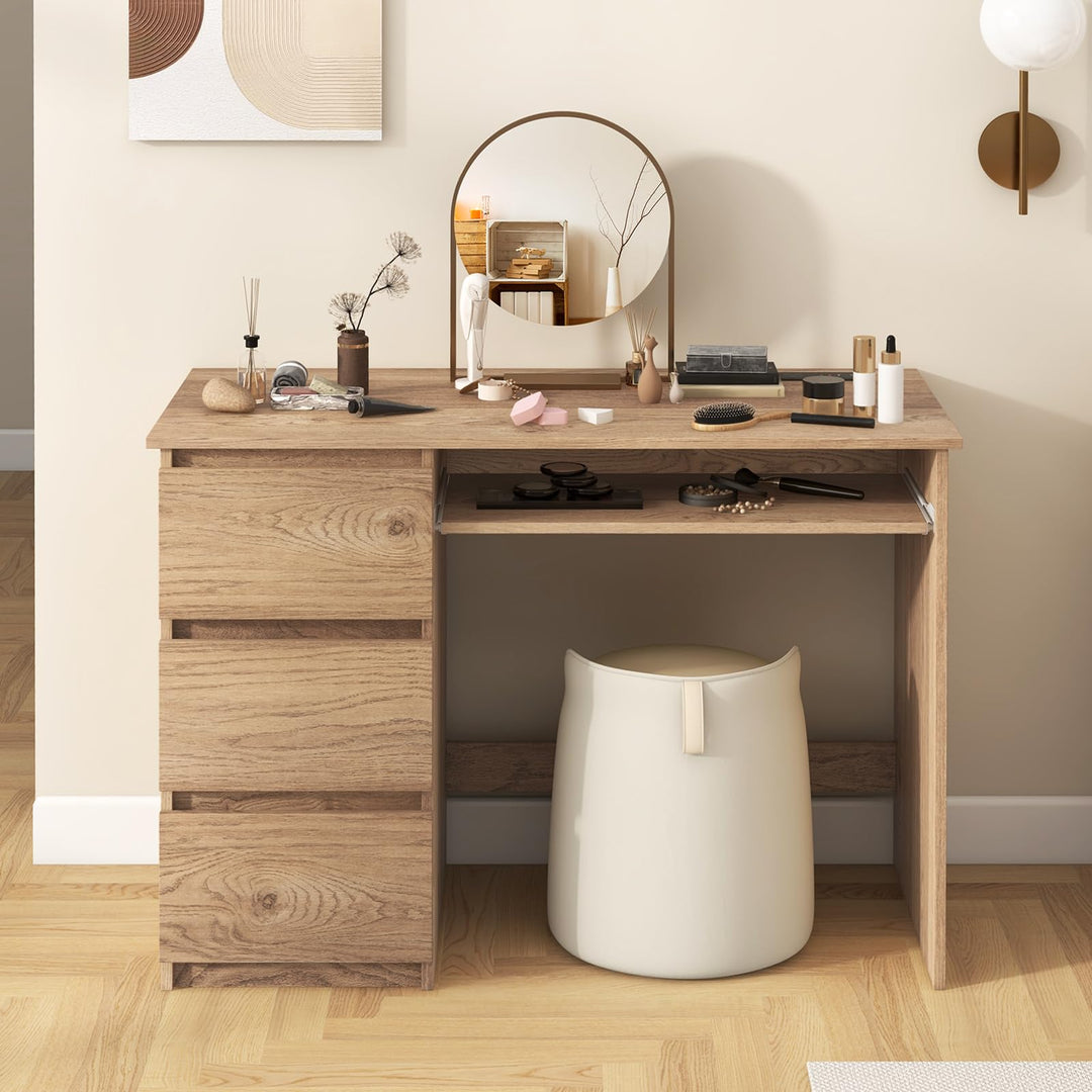 Giantex Computer Desk with Power Outlet, Modern Office Desk with Keyboard Tray &amp; 3 Large Drawers